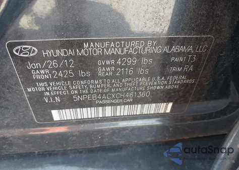 2012 Hyundai Sonata Gls из США, поврежденный, VIN 5NPEB4ACXCH461360
